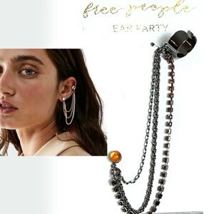Free People Party Party Ear Chain Cuff Amber Rhinestone Gunmetal NWT Bohemian